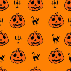 Halloween Pumpkin Seamless Pattern on Orange Background, Vector illustrator Design