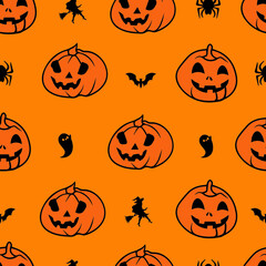 Halloween Pumpkin Seamless Pattern on Orange Background, Vector illustrator Design