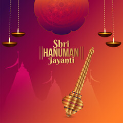 Shri hanuman jayanti celebration greeting card with lord hanuman weapon