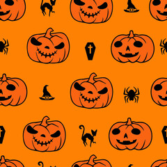 Halloween Pumpkin Seamless Pattern on Orange Background, Vector illustrator Design