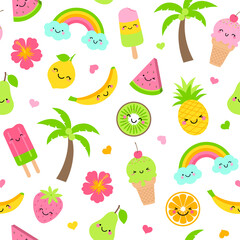 Cute fruits and desserts cartoon seamless pattern background.