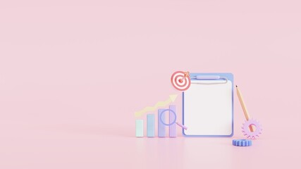 Mockup. Clipboard and pencil with Bar chart sheets of a  background. on purple background design concept graph statistics business profit loss. 3d illustration