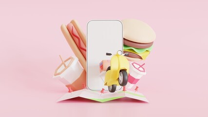 3D Map pins, GPS, navigator pin checking points, and smartphone and food Fast delivery package by scooter on a shop mobile phone. Tracking courier application.