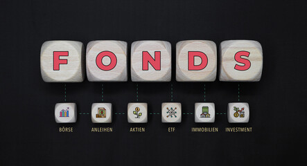 Würfel mit dem Wort > Fonds (Aktienfonds). Icons mit Begriffen (deutsch). Symbol für etwas mieten
