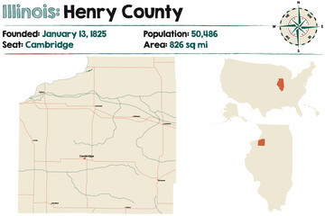 Map on an old playing card of Henry county in Illinois, USA.