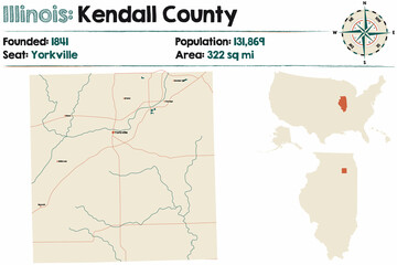 Map on an old playing card of Kendall county in Illinois, USA.