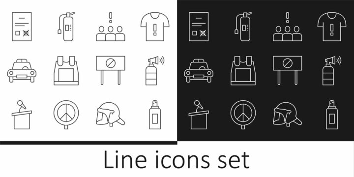 Set line Paint spray can, Air horn, Crowd protest, Bulletproof vest, Police car and flasher, Poll document, Protest and Fire extinguisher icon. Vector