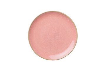 Pink ceramic round plate isolated over white background. Top view