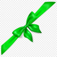 Beautiful green bow with diagonally ribbon with shadow, isolated on transparent background. Transparency only in vector format