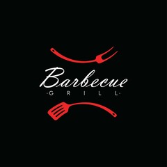 BBQ logo with barbecue grill , spatula and grill fork. Vector emblem template.