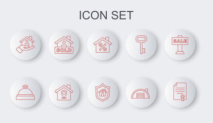 Set line House contract, Hotel service bell, with percant discount, Warehouse, Realtor, Hanging sign text Sold, Location and shield icon. Vector