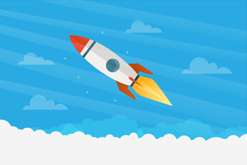 Rocket start up concept with clouds workspace vector design.