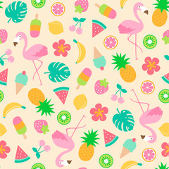 Colorful hand drawn tropical elements seamless pattern background