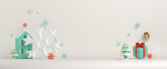 Winter decoration background with house building, gift box, snowflakes, copy space text, 3D rendering illustration