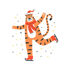 Fototapeta na wymiar Cute Hand drawing tiger in Santa hat on skates. Year of the Tiger. Chinese zodiac. Perfect for t-shirt, apparel, cards, poster. Isolated on white background vector illustration
