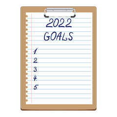 Template with a white sheet and a wish checklist for 2022. Goals. Handwritten lettering in blue pen. Planning, motivation for the new year 2022. Clipboard with clip. Business, plans, goals. Vector