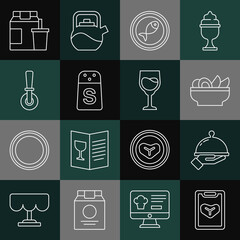 Set line Restaurant cafe menu, Covered with tray of food, Nachos in plate, Served fish on, Salt, Pizza knife, Online ordering and delivery and Wine glass icon. Vector