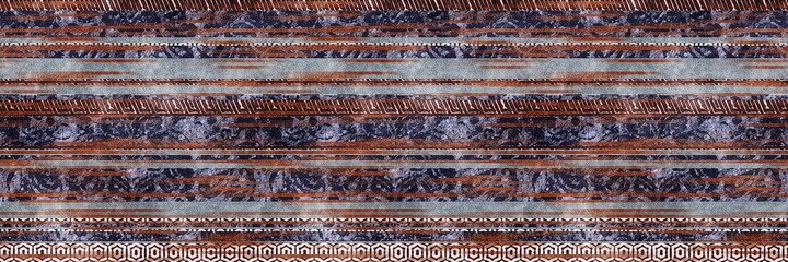Seamless tribal ethnic stripe grungy border surface pattern design for print. High quality illustration. Faded rug or carpet like cover graphic tile. Thick lines filled with interesting geo textures.