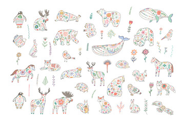 forest animals with floral ornament vector illustrations set