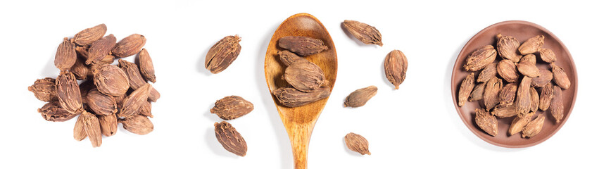 Set of spices black cardamom beans on white background isolated, bunch, clay plate, wooden spoon