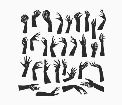 Hand drawn vector abstract stock flat graphic illustrations collection set with logo elements,bohemian magic art of human hands shape silhouettes in simple style for branding.Feminine logo concept.