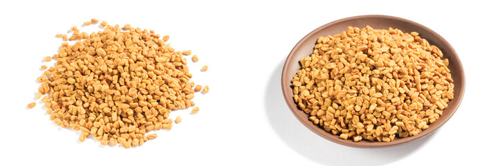 Set of spice fenugreek (Trigonella foenum-graecum) on white background isolated, in clay plate and bunch. Close up