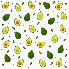 Seamless avocado pattern with leaves on a light background.