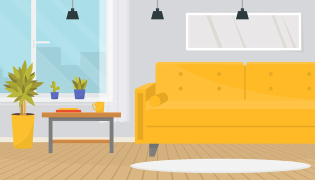 Stylish living room with cozy yellow sofa, carpet, coffee table. House plants on window sill. Home design. Modern apartment. Flat vector illustration.