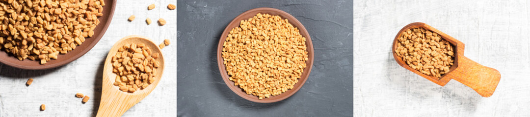 Set of spice fenugreek (Trigonella foenum-graecum) in brown clay plate, wooden spoon and scoop on white and black concrete background. Flat lay