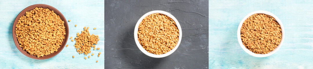 Set of spice fenugreek (Trigonella foenum-graecum) in brown clay plate and ceramic white bowl on blue wooden background, black concrete background. Flat lay
