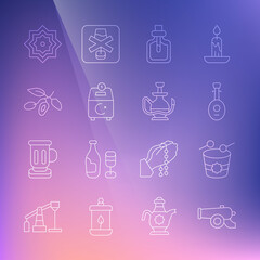 Set line Ramadan cannon, drum, Lute, Perfume, Donate or pay your zakat, Date fruit, Octagonal star and Hookah icon. Vector