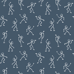 Abstract hand drawn stick figures seamless pattern. Dancing people doodle background. Vector illustration.