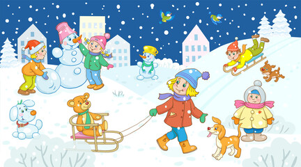 Winter fun. Happy children play, walk, sled, make a snowman in the winter city. Banner in cartoon style. Vector illustration