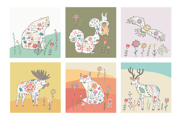 forest animals with floral ornament vector illustrations set