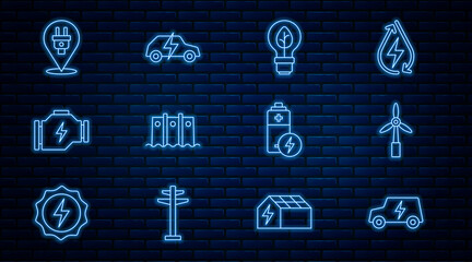 Set line Electric car, Wind turbine, Light bulb with leaf, Hydroelectric dam, Check engine, plug, Battery and icon. Vector