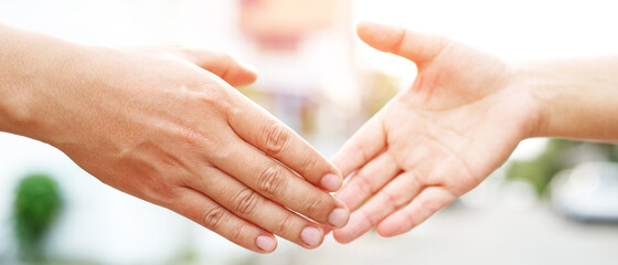 Closeup of a business hand shake between two colleagues Plaid shirt