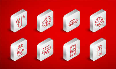 Set line Battery, Lightning bolt, Electric car, Earth globe and leaf, Bio fuel barrel, plug, Solar energy panel and Propane gas tank icon. Vector