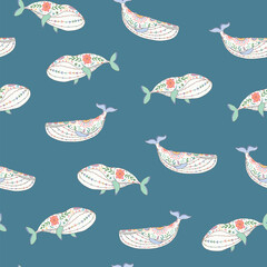 whale with floral ornament vector seamless pattern