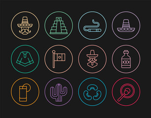 Set line Gong, Tequila bottle, Cigar, Mexico flag, Poncho, Mexican man sombrero, and Chichen Itza in Mayan icon. Vector