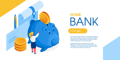 Fototapeta premium Character puts a coin into pig shape money box. Financial report with stamp, check, and pen on the background.