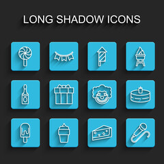Set line Ice cream, in waffle cone, Lollipop, Piece of cake, Microphone, Gift box, Cake with burning candles and Clown head icon. Vector
