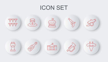 Set line Sausage on the fork, Stage stand tribune, Burger, Trumpet, Carnival garland with flags, Patriotic American top hat, Champagne bottle and United States Capitol Congress icon. Vector