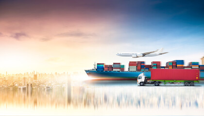 Business logistics and transportation concept of containers cargo freight ship and cargo plane in...