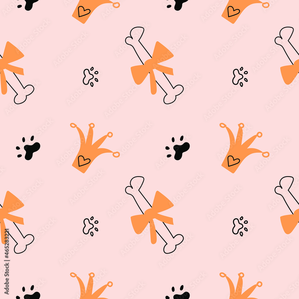 Poster seamless pattern with a bone with a bow, with dog paws and a crown. wrapping paper pattern for a gif