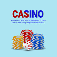 Casino chips and gold coin with playing cards on white background
