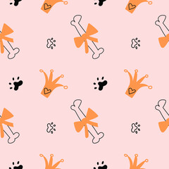 Seamless pattern with a bone with a bow, with dog paws and a crown. Wrapping paper pattern for a gift to your beloved pet, dog.
