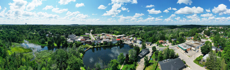 Aerial panorama of the town of Ayr, Ontario, Canada