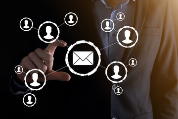 Email and user icon,sign,symbol marketing or newsletter concept, diagram.Sending email.Bulk mail.Email and sms marketing concept. Scheme of direct sales in business. List of clients for mailing.