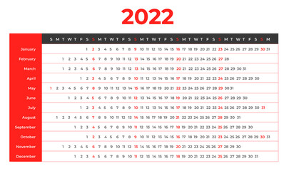Calendar linear for 2022 year. 2022 Yearly calendar planner. Week starts Sunday. 2022  linear Calendar design with red color.