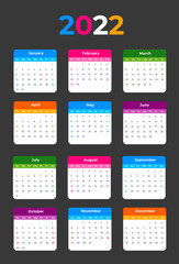 Calendar 2022, calendar 2022 week start Sunday corporate design planner template, 2022 colorful desk calendar design.
